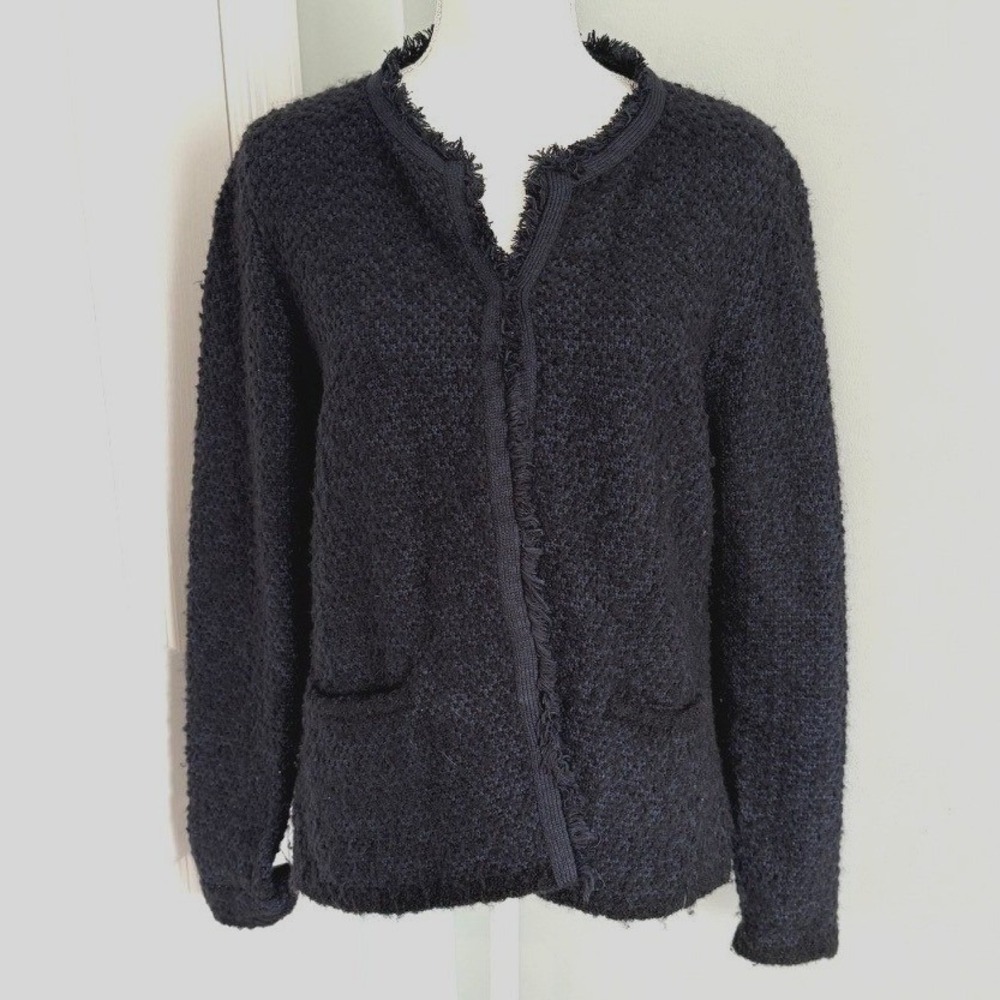 J.McLaughlin Boucle Knit Snap Front Cardigan Fringe Blue Black Wool Blend Size L
